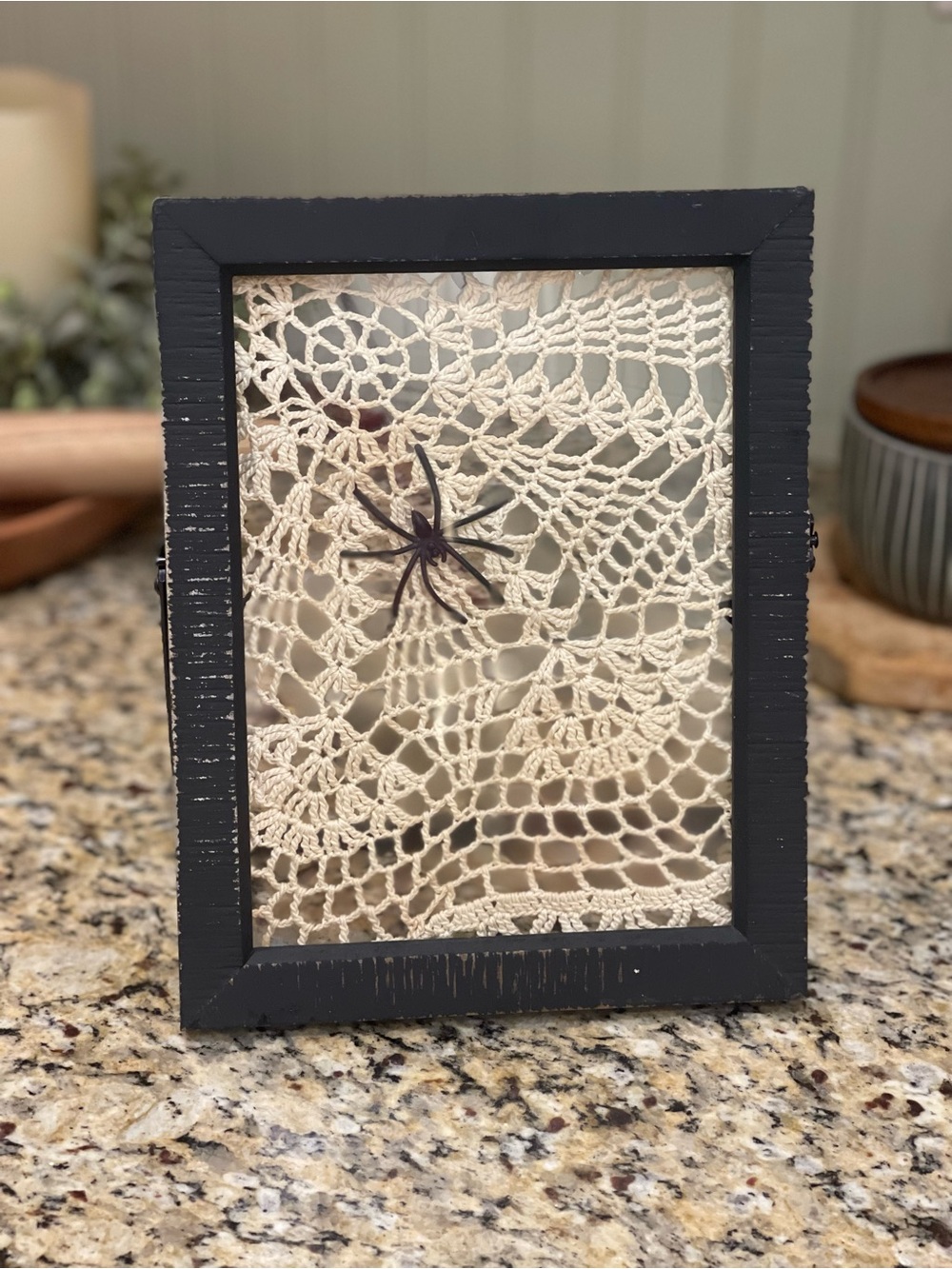 Handmade Halloween🕷️🕸️🕷️Black Wood Frame with Cream Crochet Lace Accent
